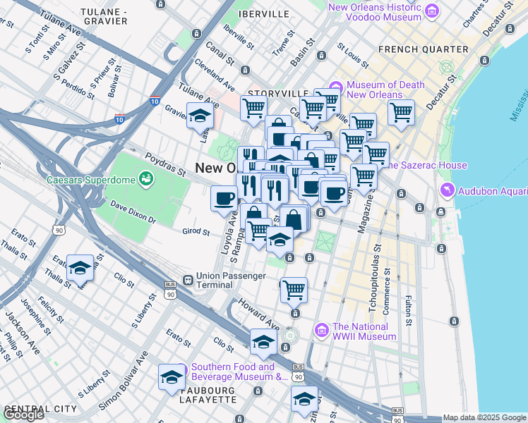 map of restaurants, bars, coffee shops, grocery stores, and more near 930 Poydras Street in New Orleans