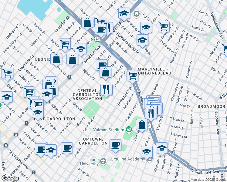 map of restaurants, bars, coffee shops, grocery stores, and more near 2027 Lowerline Street in New Orleans