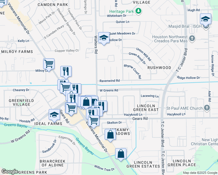 map of restaurants, bars, coffee shops, grocery stores, and more near 2807 Ravenwind Road in Houston