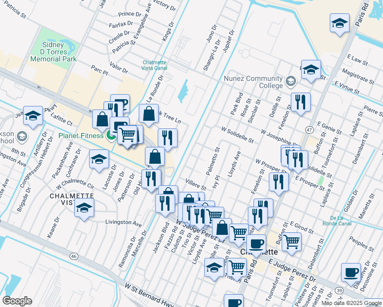 map of restaurants, bars, coffee shops, grocery stores, and more near 3122 Derbigny Street in Chalmette
