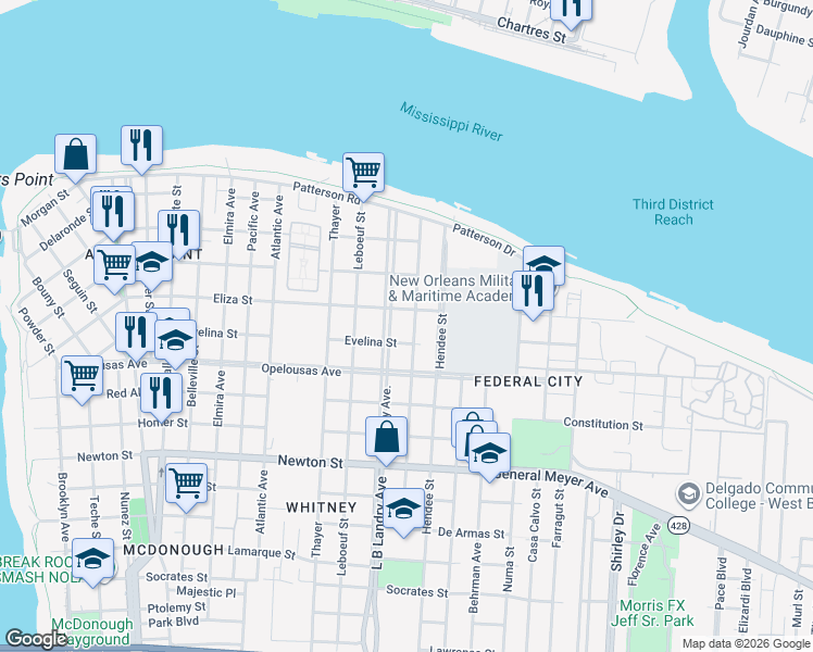 map of restaurants, bars, coffee shops, grocery stores, and more near 450 Whitney Avenue in New Orleans