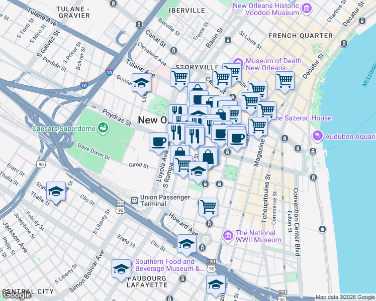 map of restaurants, bars, coffee shops, grocery stores, and more near 909 Poydras Street in New Orleans