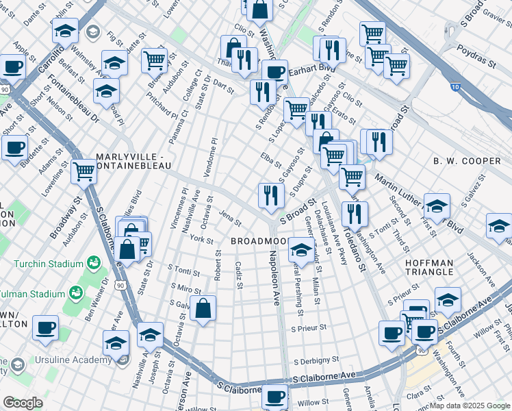 map of restaurants, bars, coffee shops, grocery stores, and more near 4217 General Pershing Street in New Orleans