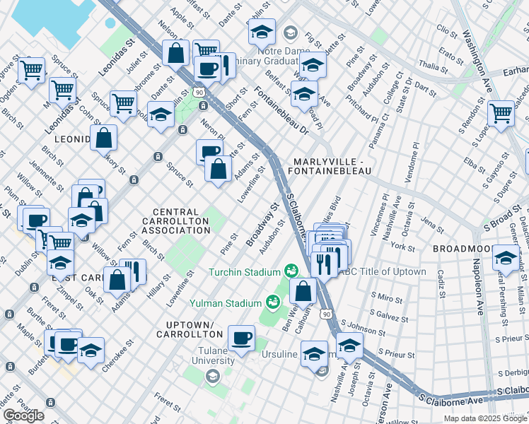 map of restaurants, bars, coffee shops, grocery stores, and more near 2200 Broadway Street in New Orleans