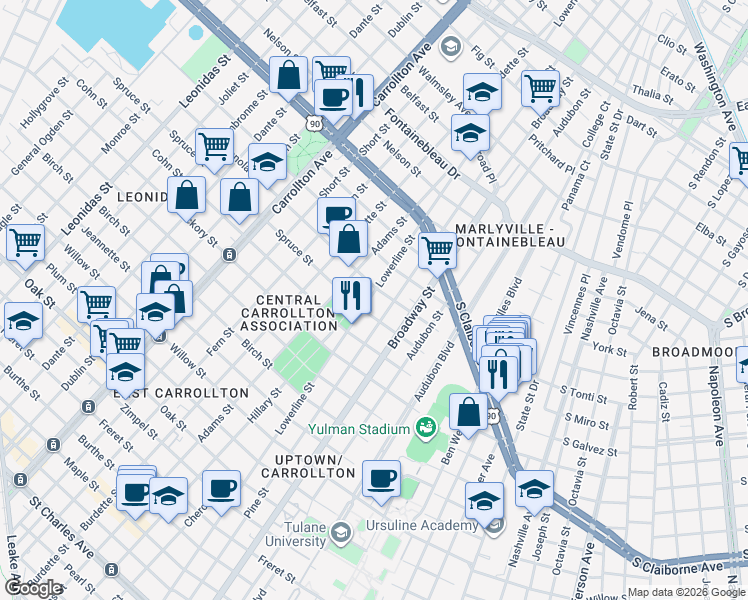 map of restaurants, bars, coffee shops, grocery stores, and more near 7323 Panola Street in New Orleans