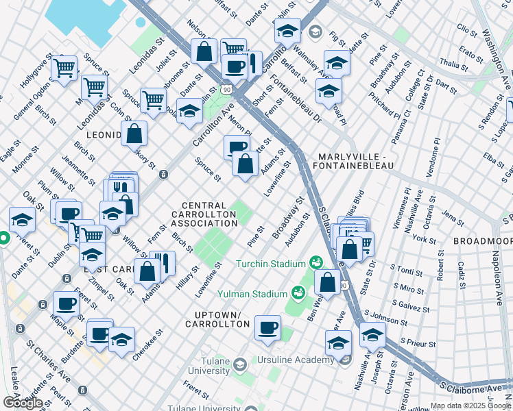 map of restaurants, bars, coffee shops, grocery stores, and more near 2015 Adams Street in New Orleans