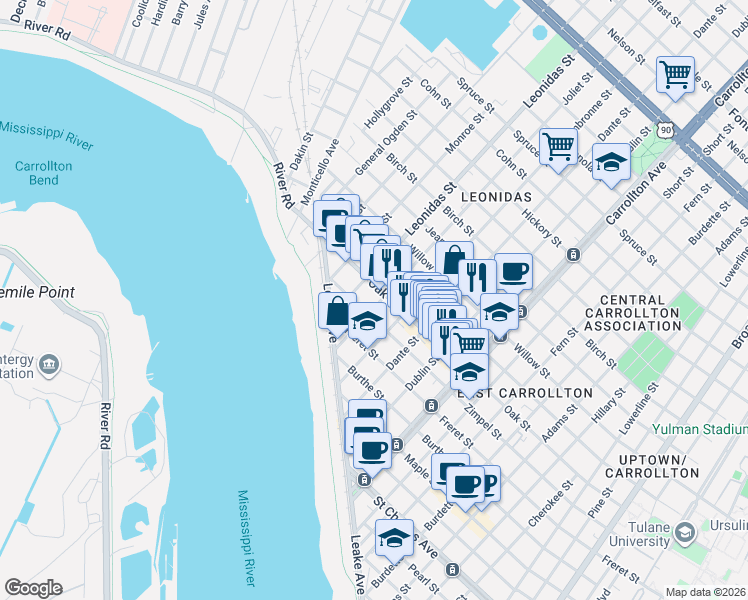 map of restaurants, bars, coffee shops, grocery stores, and more near 8523 Oak Street in New Orleans