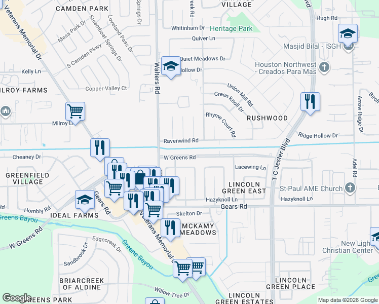 map of restaurants, bars, coffee shops, grocery stores, and more near 2615 Ravenwind Road in Houston