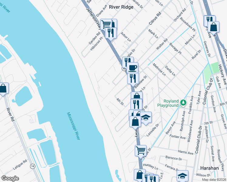map of restaurants, bars, coffee shops, grocery stores, and more near 137 Orchard Road in River Ridge