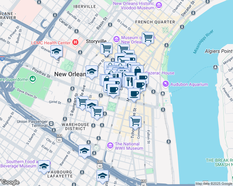 map of restaurants, bars, coffee shops, grocery stores, and more near 601 Poydras Street in New Orleans