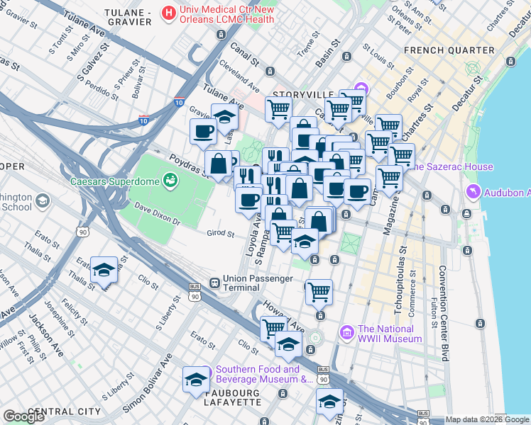 map of restaurants, bars, coffee shops, grocery stores, and more near 1100 Poydras Street in New Orleans