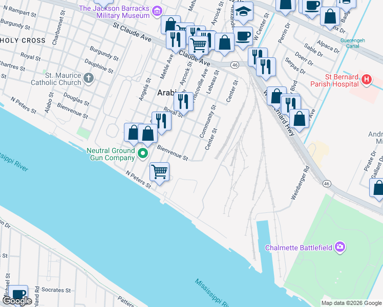 map of restaurants, bars, coffee shops, grocery stores, and more near 500 Community Street in Arabi