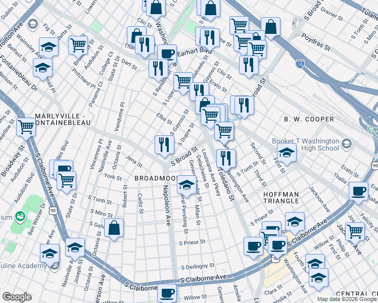 map of restaurants, bars, coffee shops, grocery stores, and more near 1815 South White Street in New Orleans