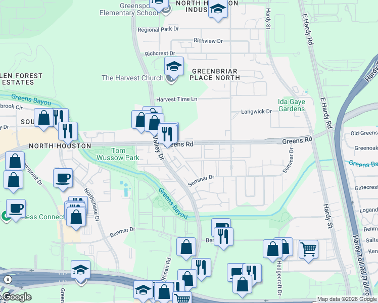 map of restaurants, bars, coffee shops, grocery stores, and more near 770 Greens Road in Houston
