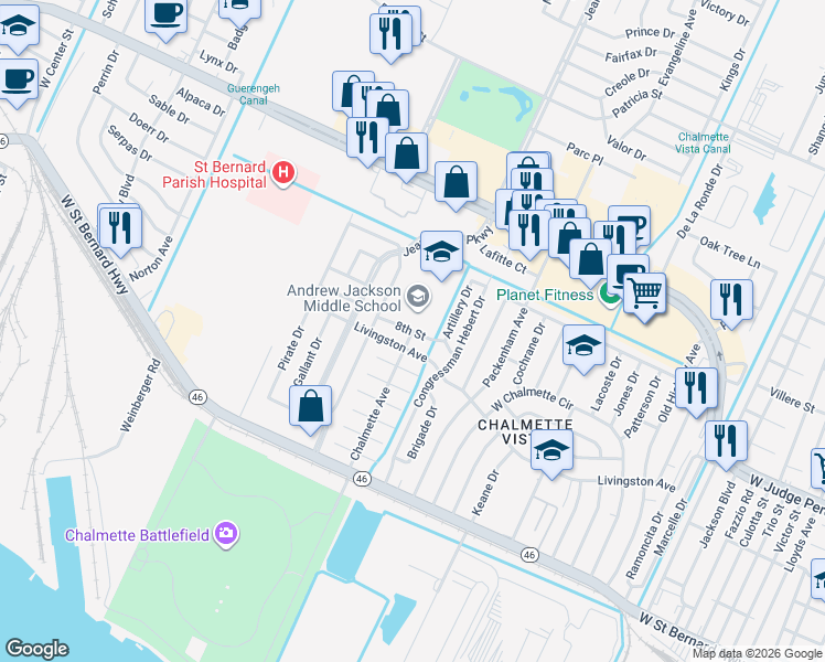 map of restaurants, bars, coffee shops, grocery stores, and more near 201 8th Street in Chalmette