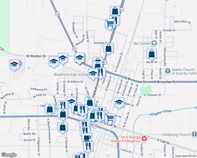 map of restaurants, bars, coffee shops, grocery stores, and more near 305 W Washington St in Starke