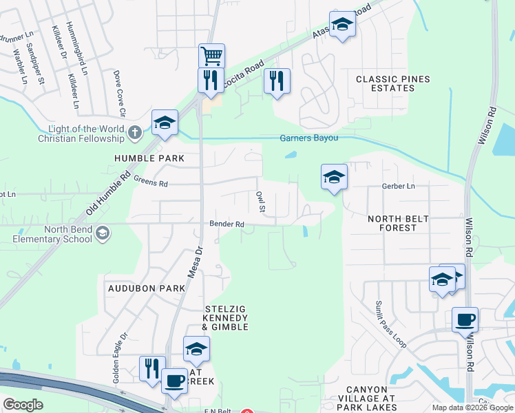map of restaurants, bars, coffee shops, grocery stores, and more near 15827 Owl Street in Humble