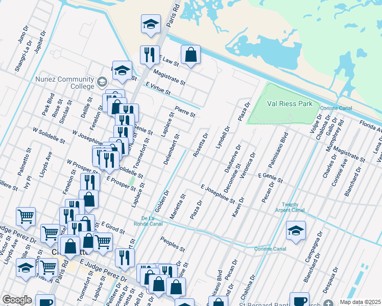 map of restaurants, bars, coffee shops, grocery stores, and more near in Chalmette