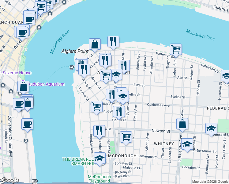 map of restaurants, bars, coffee shops, grocery stores, and more near 502 Olivier Street in New Orleans