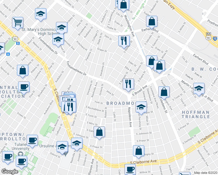 map of restaurants, bars, coffee shops, grocery stores, and more near 5420 Fontainebleau Drive in New Orleans