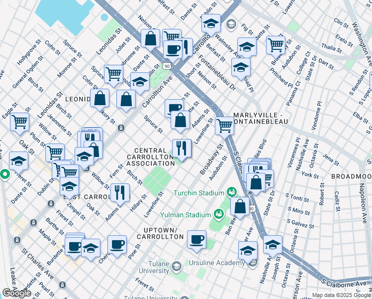 map of restaurants, bars, coffee shops, grocery stores, and more near 2015 Adams Street in New Orleans