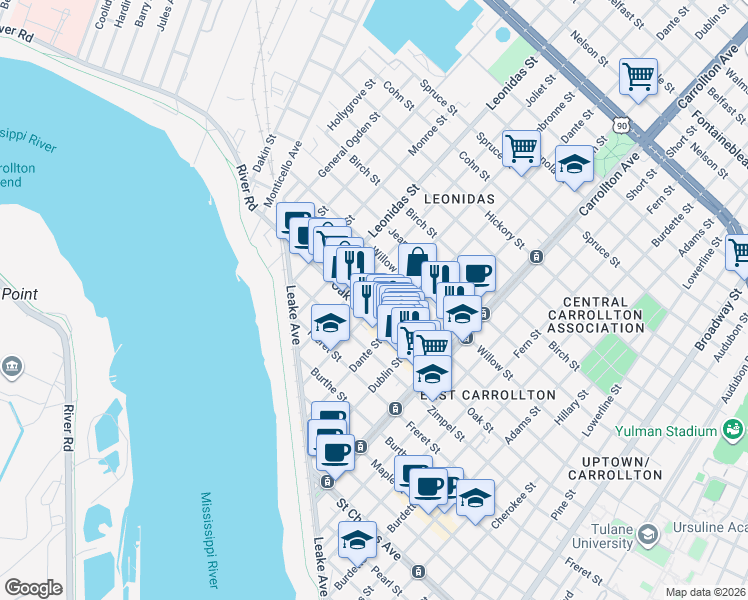 map of restaurants, bars, coffee shops, grocery stores, and more near 8421 Plum Street in New Orleans