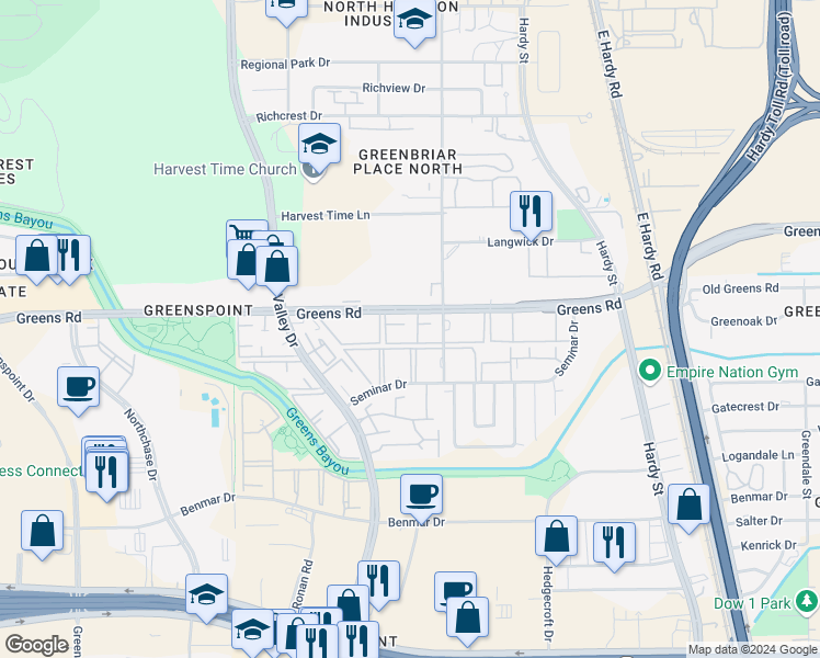 map of restaurants, bars, coffee shops, grocery stores, and more near 838 Greens Road in Houston