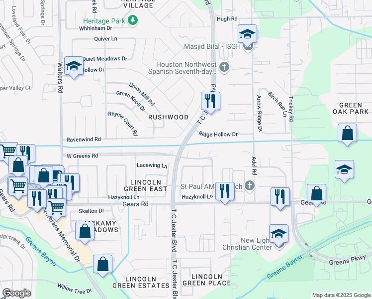 map of restaurants, bars, coffee shops, grocery stores, and more near 11411 Birdwing Lane in Houston