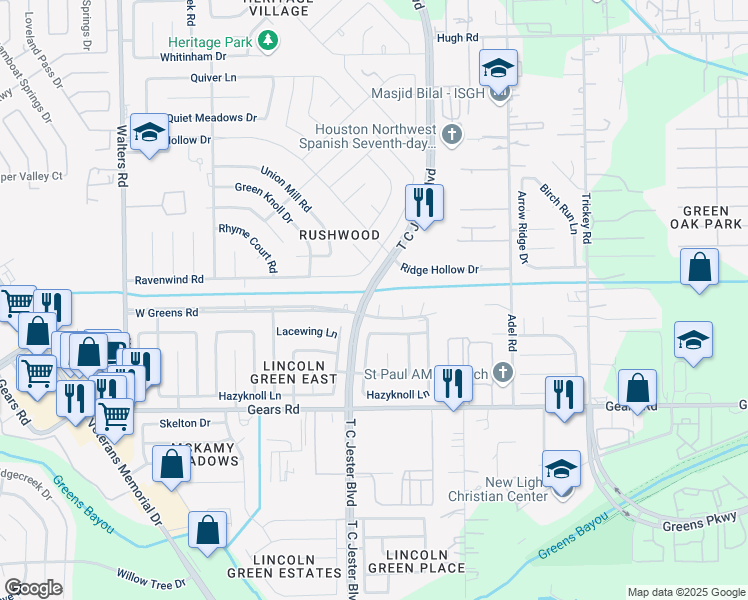 map of restaurants, bars, coffee shops, grocery stores, and more near 11411 Birdwing Lane in Houston