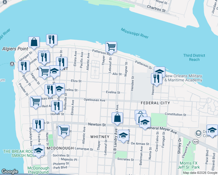 map of restaurants, bars, coffee shops, grocery stores, and more near 509 Leboeuf Street in New Orleans