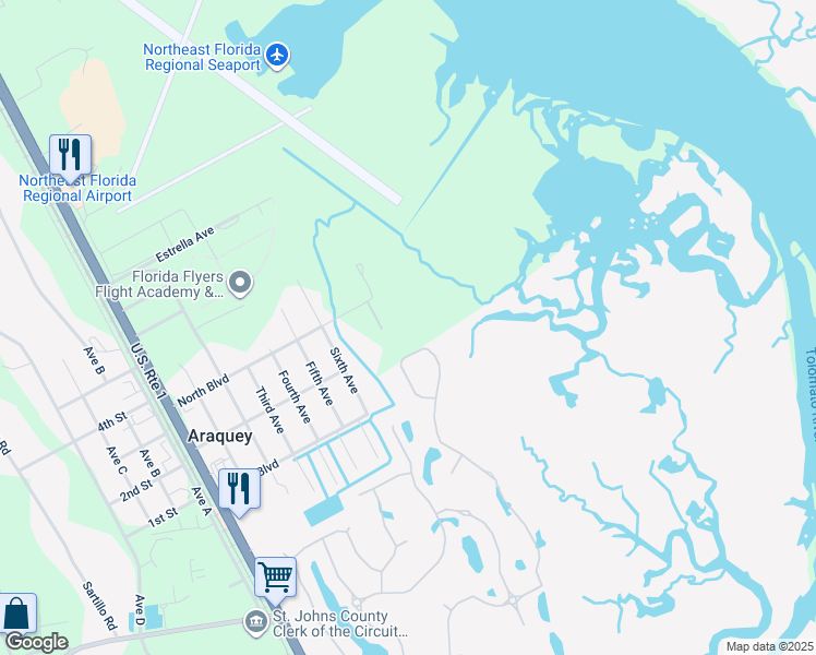 map of restaurants, bars, coffee shops, grocery stores, and more near 362 North Boulevard in St. Augustine