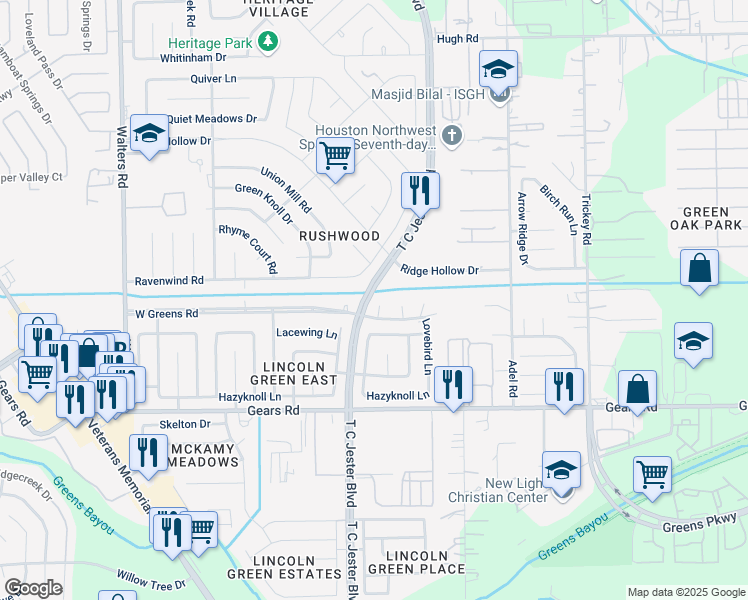 map of restaurants, bars, coffee shops, grocery stores, and more near 11411 Birdwing Lane in Houston
