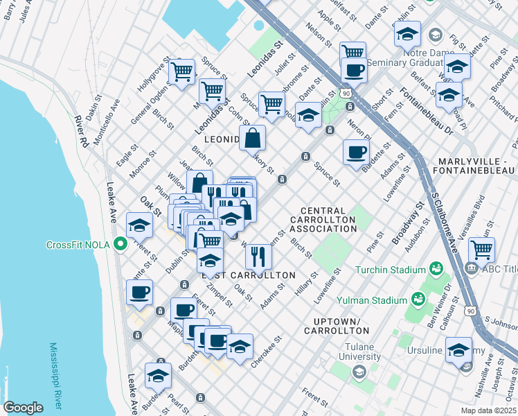map of restaurants, bars, coffee shops, grocery stores, and more near 1607 South Carrollton Avenue in New Orleans