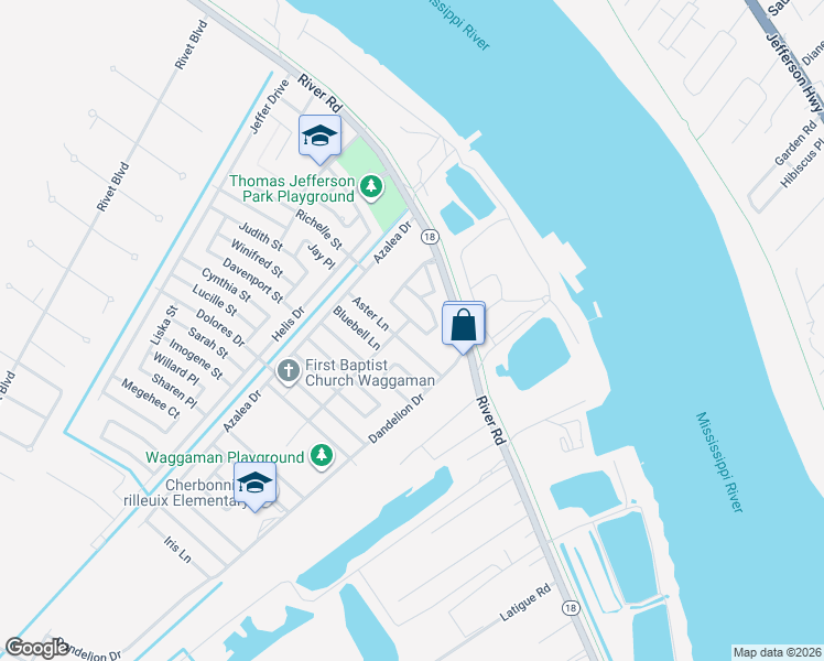 map of restaurants, bars, coffee shops, grocery stores, and more near 25 Goldenrod Lane in Westwego