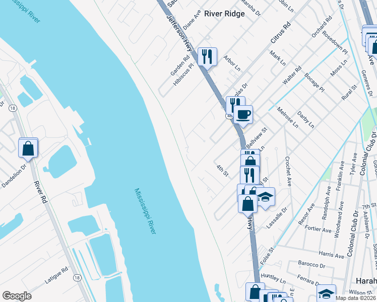 map of restaurants, bars, coffee shops, grocery stores, and more near 9412 Greg Court in River Ridge