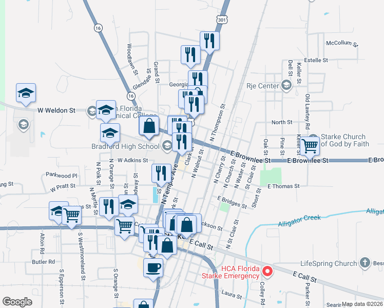 map of restaurants, bars, coffee shops, grocery stores, and more near 665 Clark St in Starke