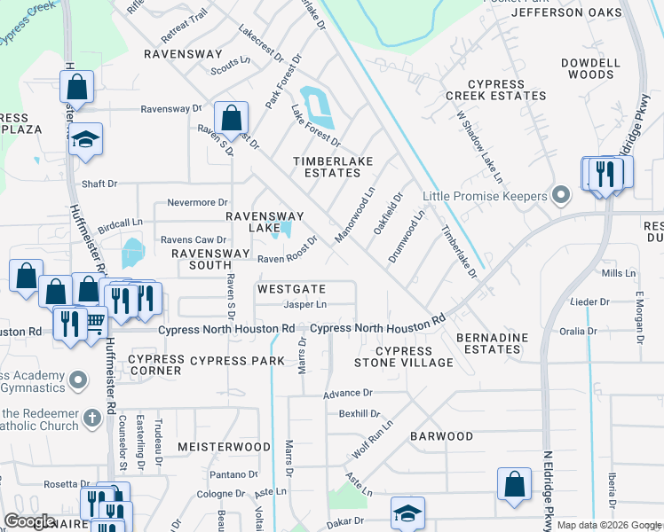 map of restaurants, bars, coffee shops, grocery stores, and more near 12406 Ravens Chase Lane in Cypress