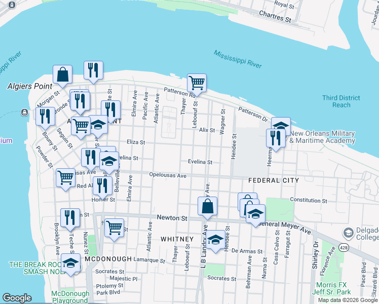 map of restaurants, bars, coffee shops, grocery stores, and more near 509 Leboeuf Street in New Orleans