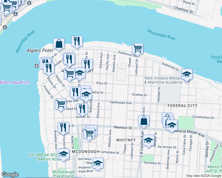 map of restaurants, bars, coffee shops, grocery stores, and more near 1027 Eliza Street in New Orleans