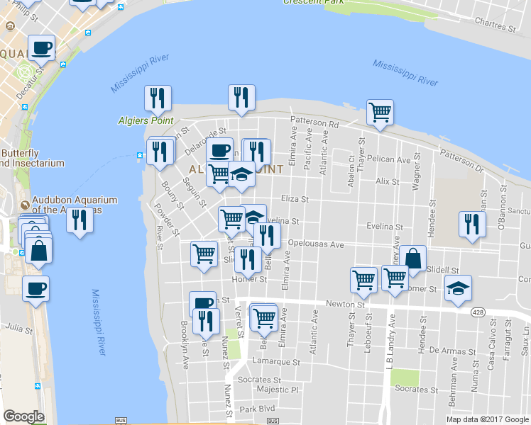 map of restaurants, bars, coffee shops, grocery stores, and more near 510 Belleville Street in New Orleans