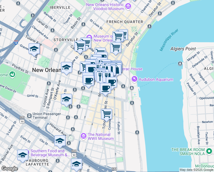 map of restaurants, bars, coffee shops, grocery stores, and more near 441 Gravier Street in New Orleans
