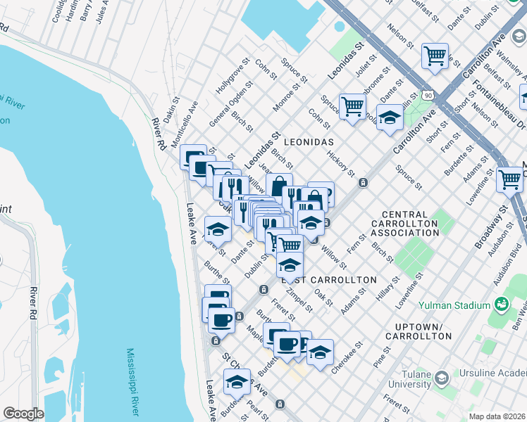 map of restaurants, bars, coffee shops, grocery stores, and more near 8322 Willow Street in New Orleans