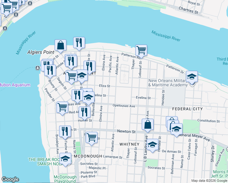 map of restaurants, bars, coffee shops, grocery stores, and more near 1027 Eliza Street in New Orleans
