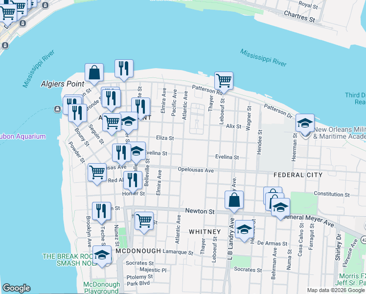 map of restaurants, bars, coffee shops, grocery stores, and more near 1027 Eliza Street in New Orleans