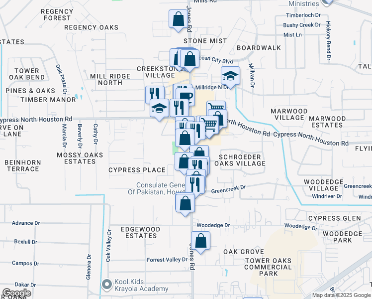map of restaurants, bars, coffee shops, grocery stores, and more near 12155 Jones Road in Houston