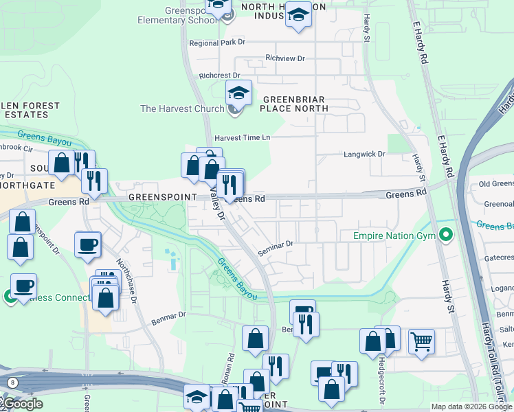 map of restaurants, bars, coffee shops, grocery stores, and more near 770 Greens Road in Houston