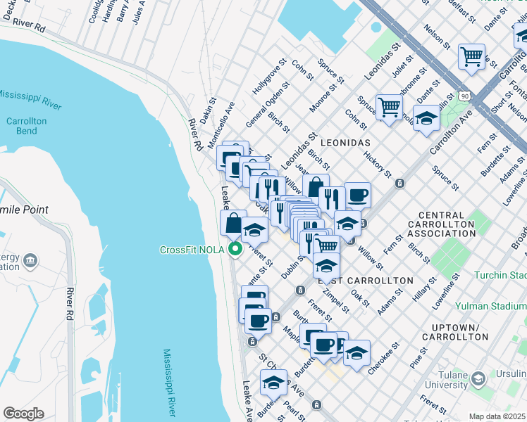 map of restaurants, bars, coffee shops, grocery stores, and more near 8523 Oak Street in New Orleans