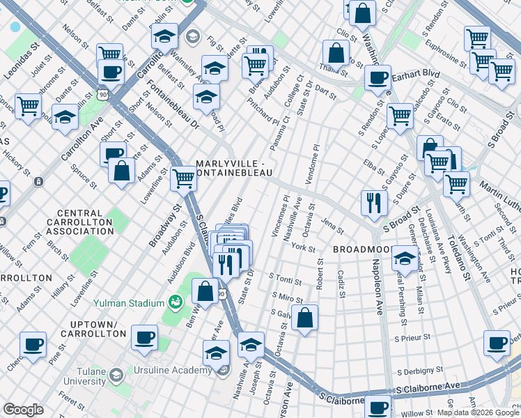 map of restaurants, bars, coffee shops, grocery stores, and more near 3810 State Street Drive in New Orleans