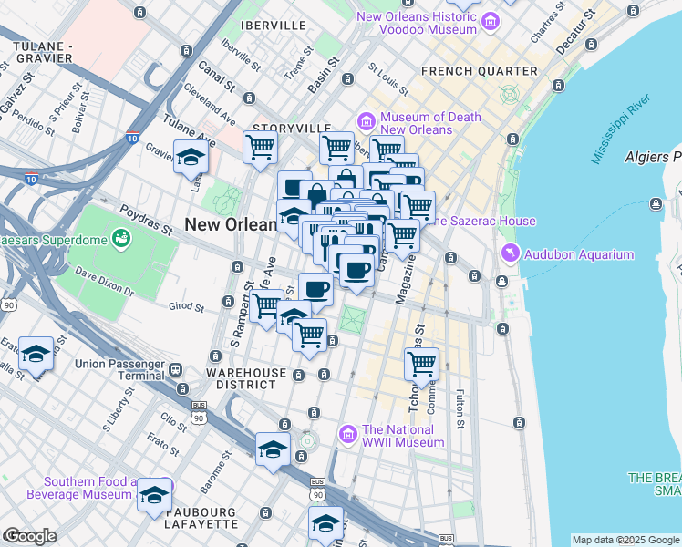 map of restaurants, bars, coffee shops, grocery stores, and more near 701 Poydras Street in New Orleans