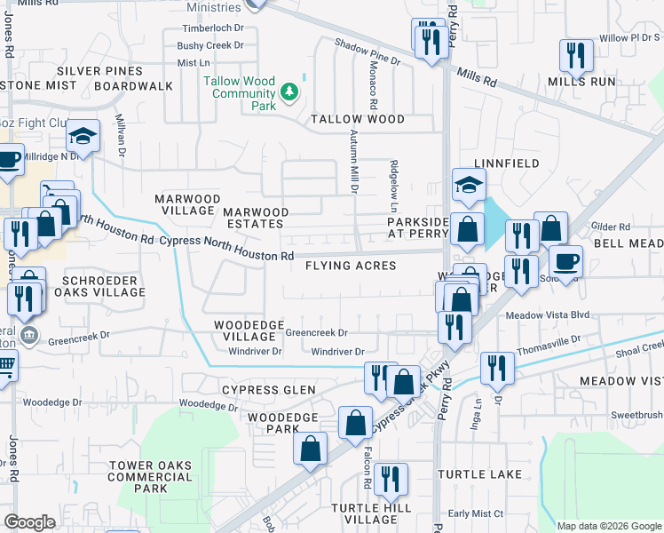 map of restaurants, bars, coffee shops, grocery stores, and more near 9925 Cypress North Houston Road in Houston